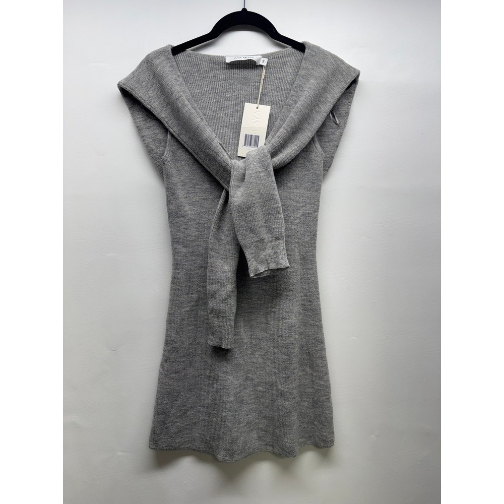 Aya Muse Knit Mini Dress Womens M Gray Alpaca Wool Blend Tie Front‎ Sleeveless